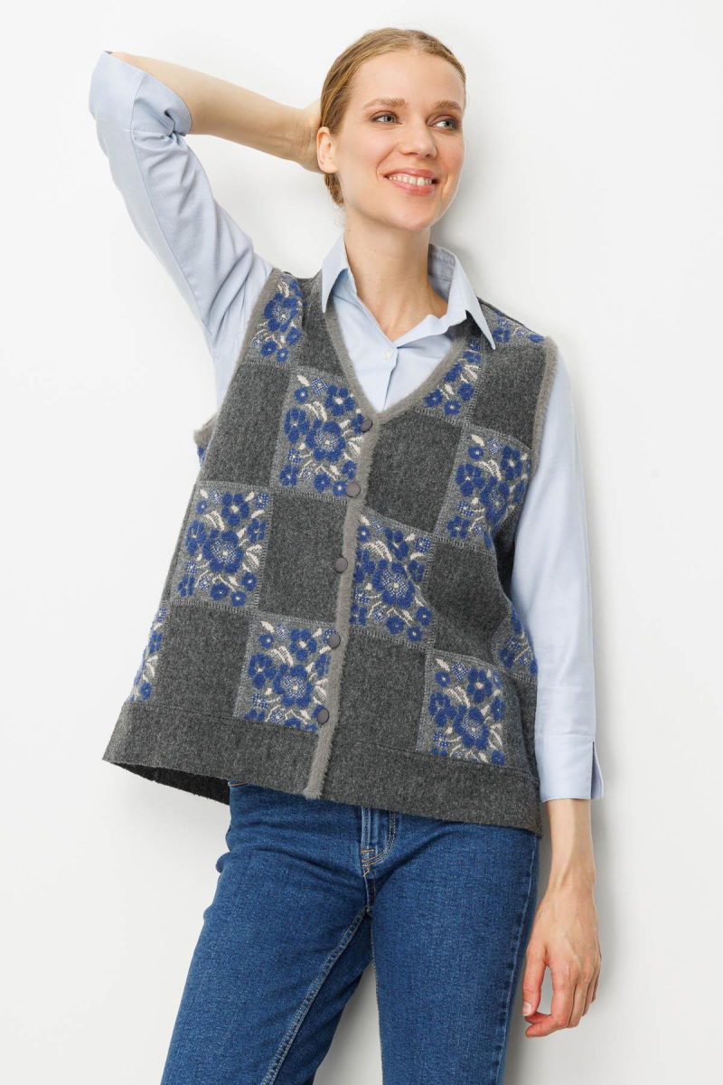 Desen Triko Kadın Pıtırcık Çiçekli Patchwork Keçe Yün Yelek 24084 Füme-Mavi FÜME-MAVİ
