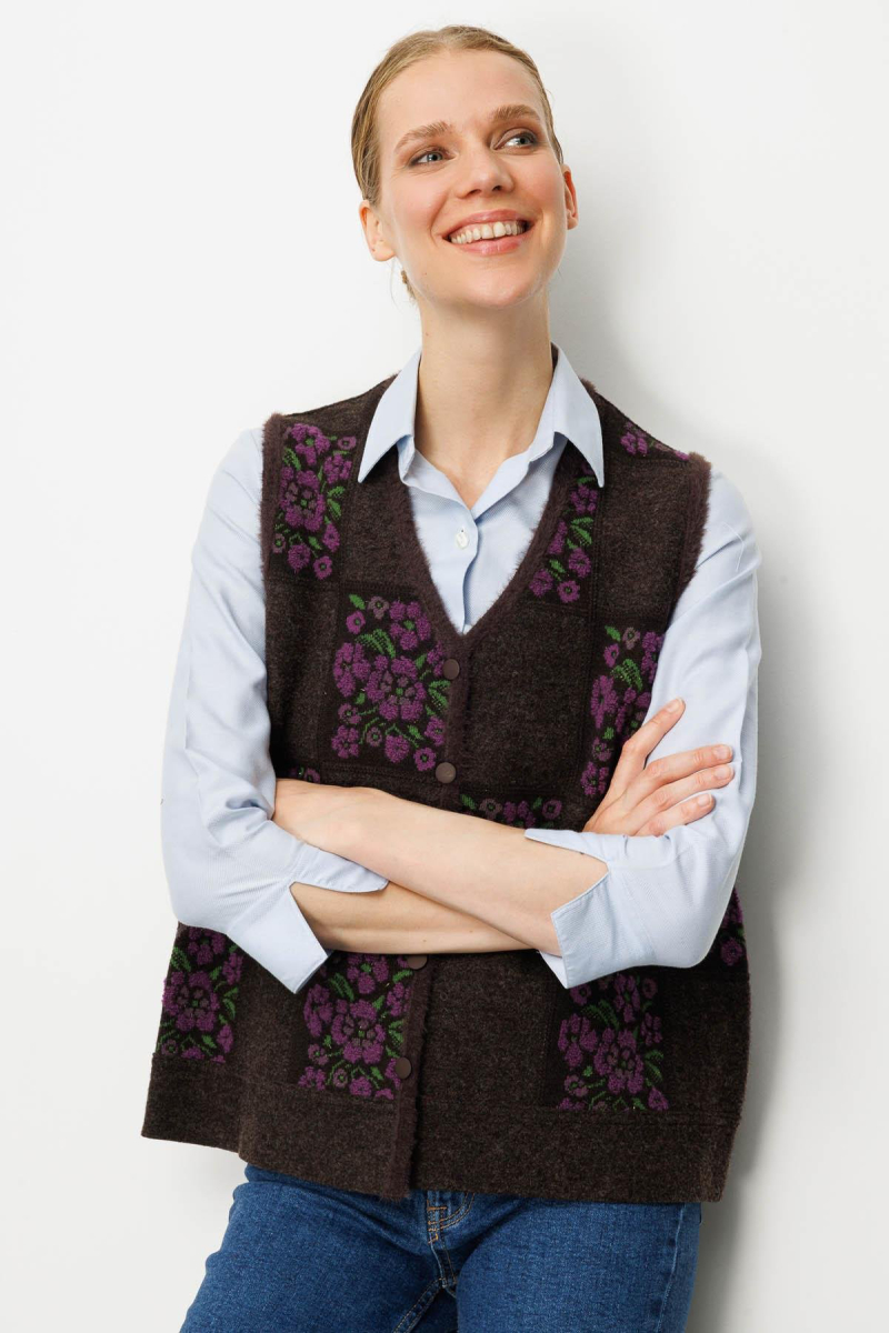 Desen Triko Kadın Pıtırcık Çiçekli Patchwork Keçe Yün Yelek 24084 K.Kahve-A.Mor K.KAHVE-A.MOR