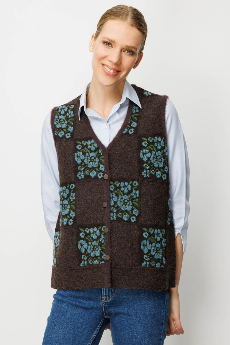 Desen Triko Kadın Pıtırcık Çiçekli Patchwork Keçe Yün Yelek 24084 K.Kahve-Mint K.KAHVE-MİNT