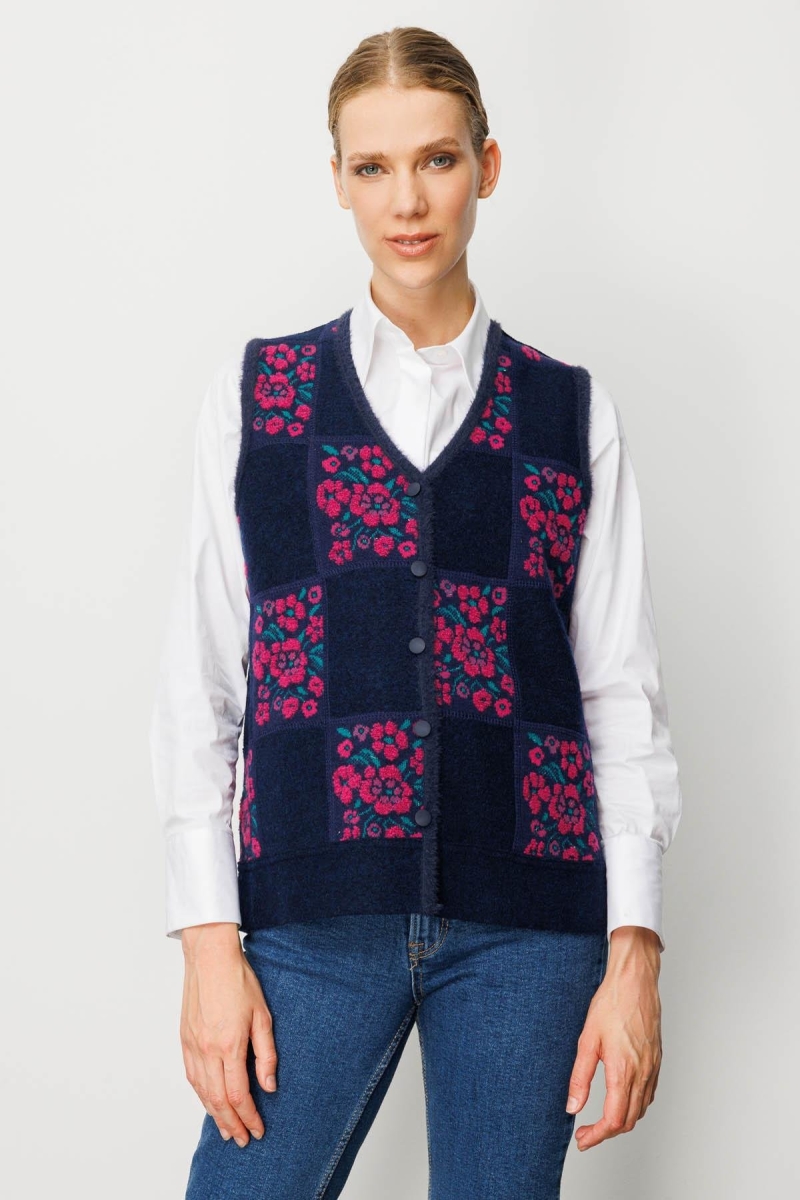 Desen Triko Kadın Pıtırcık Çiçekli Patchwork Keçe Yün Yelek 24084 Sıklamen SIKLAMEN