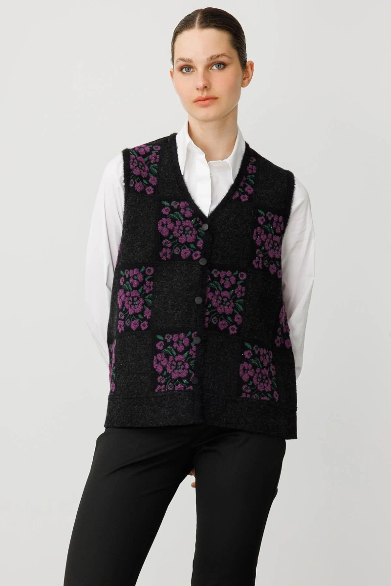 Desen Triko Kadın Pıtırcık Çiçekli Patchwork Keçe Yün Yelek 24084 Siyah-A.Mor SİYAH-A.MOR