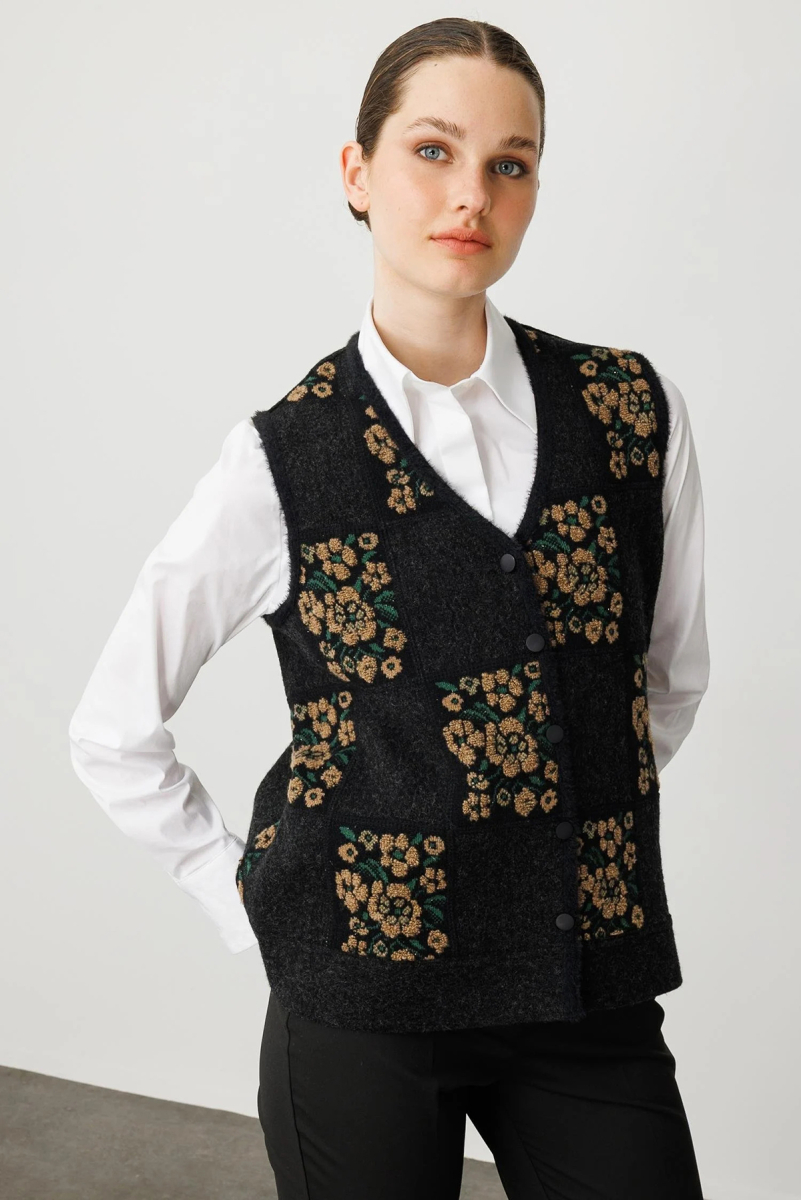 Desen Triko Kadın Pıtırcık Çiçekli Patchwork Keçe Yün Yelek 24084 Siyah-V.Camel SİYAH-V.CAMEL