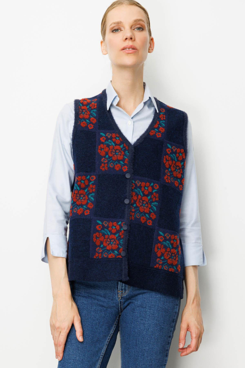 Desen Triko Kadın Pıtırcık Çiçekli Patchwork Keçe Yün Yelek 24084 Y.A.Laci-Kiremit Y.A.LACİ-KİREMİT