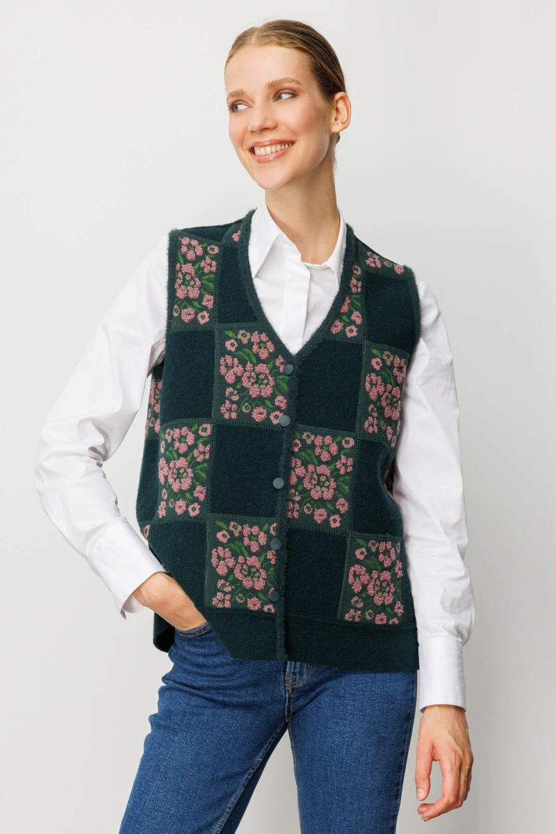 Desen Triko Kadın Pıtırcık Çiçekli Patchwork Keçe Yün Yelek 24084 Yeşil G.Kurusu YEŞİL G.KURUSU