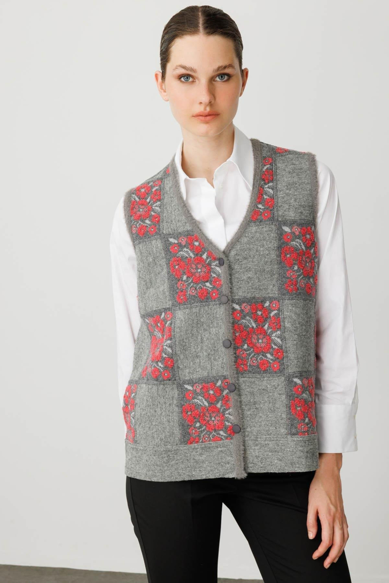 Desen Triko Kadın Pıtırcık Çiçekli Patchwork Keçe Yün Yelek 24084 Y.Füme-Y.Ş Pembe Y.FÜME-Y.Ş PEMBE