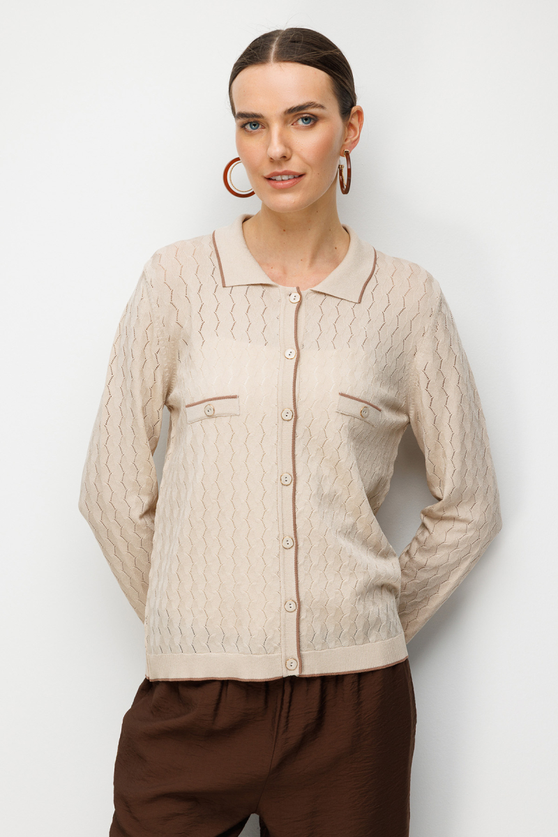 Desen Triko Kadın Polo Yaka Ajurlu Araboy İnce Triko Hırka 26356 Bej Bej