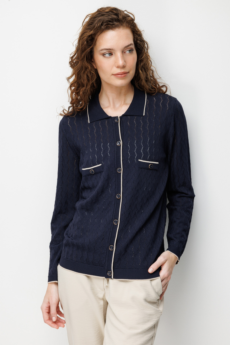 Desen Triko Kadın Polo Yaka Ajurlu Araboy İnce Triko Hırka 26356 Koyu Lacivert Koyu Lacivert