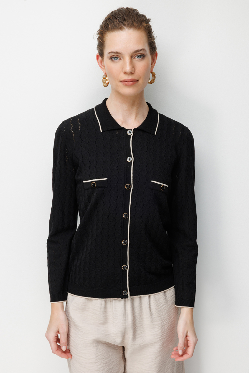 Desen Triko Kadın Polo Yaka Ajurlu Araboy İnce Triko Hırka 26356 Siyah Siyah