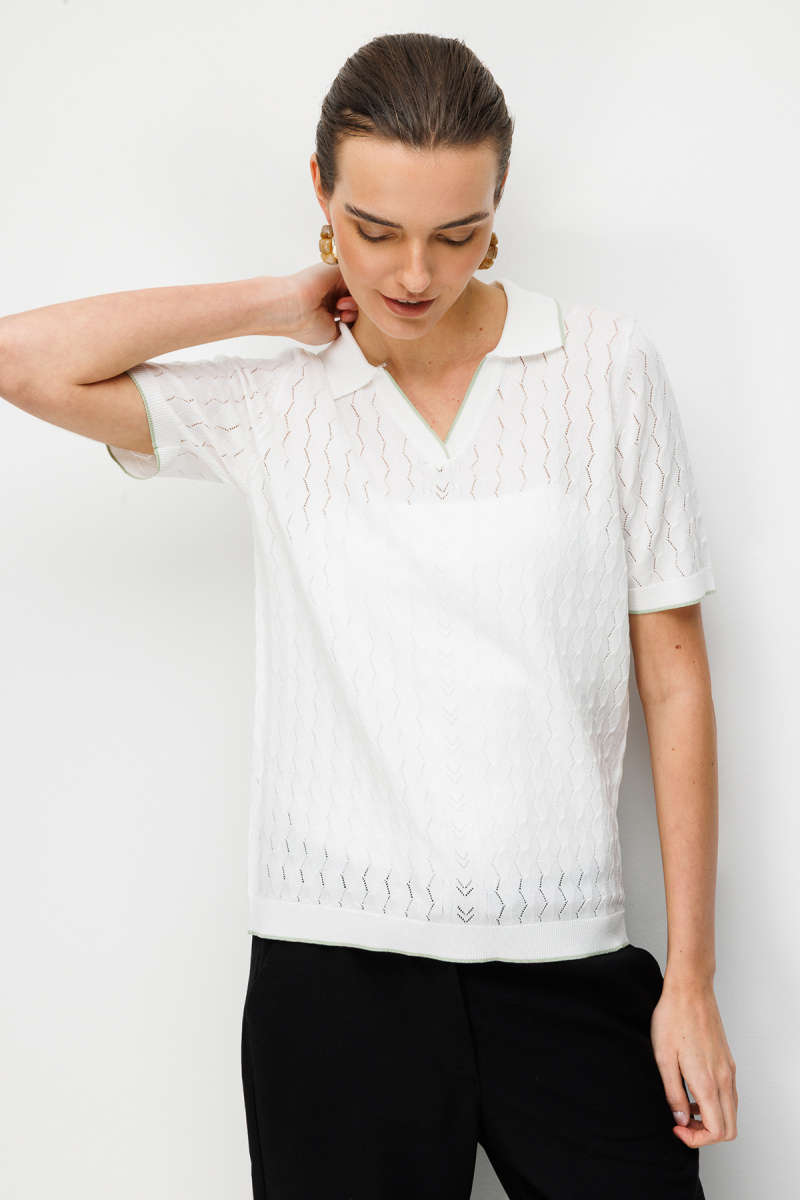 Desen Triko Kadın Polo Yaka Ajurlu İnce Triko Bluz 26355 Kemik Kemik