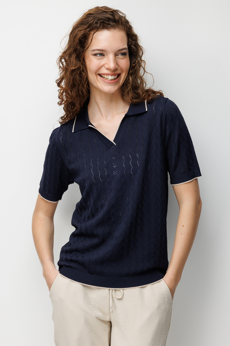 Desen Triko Kadın Polo Yaka Ajurlu İnce Triko Bluz 26355 Koyu Lacivert Koyu Lacivert