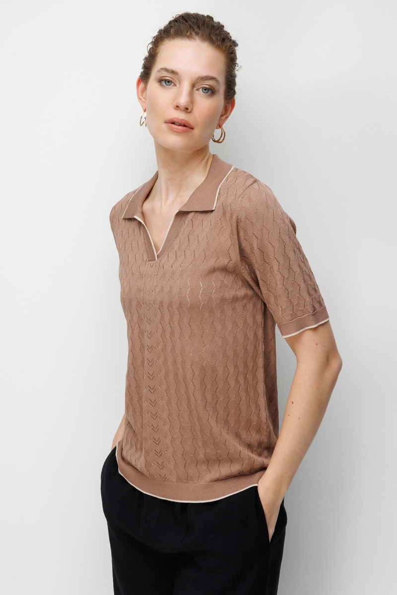 Desen Triko Kadın Polo Yaka Ajurlu İnce Triko Bluz 26355 Mokka MOKKA