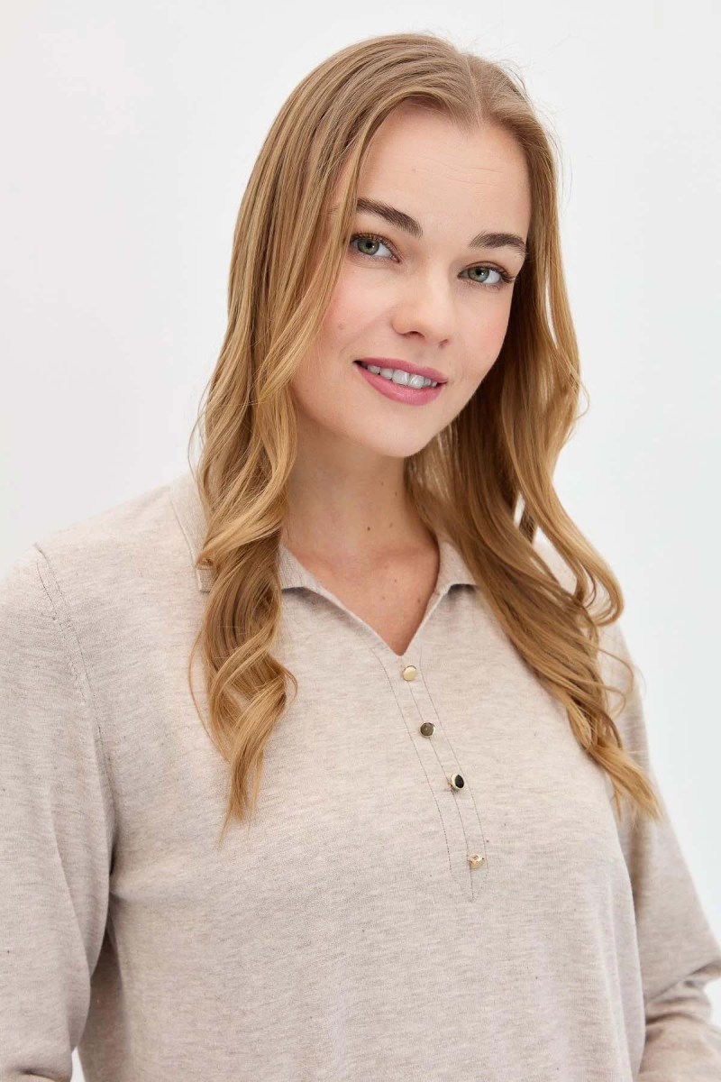 Desen Triko Kadın Polo Yaka Angelina Basic Kazak 23026 B.Melanj B.MELANJ