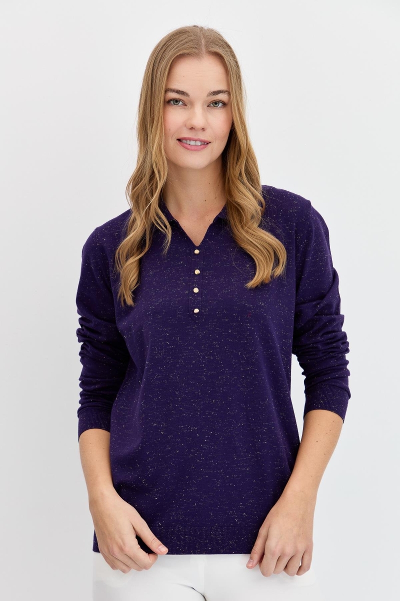 Desen Triko Kadın Polo Yaka Angelina Basic Kazak 23026 K.Mor K.MOR