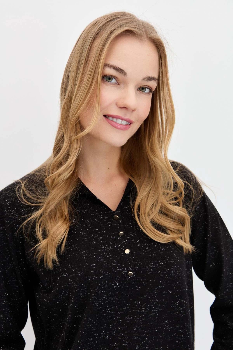 Desen Triko Kadın Polo Yaka Angelina Basic Kazak 23026 Siyah Siyah