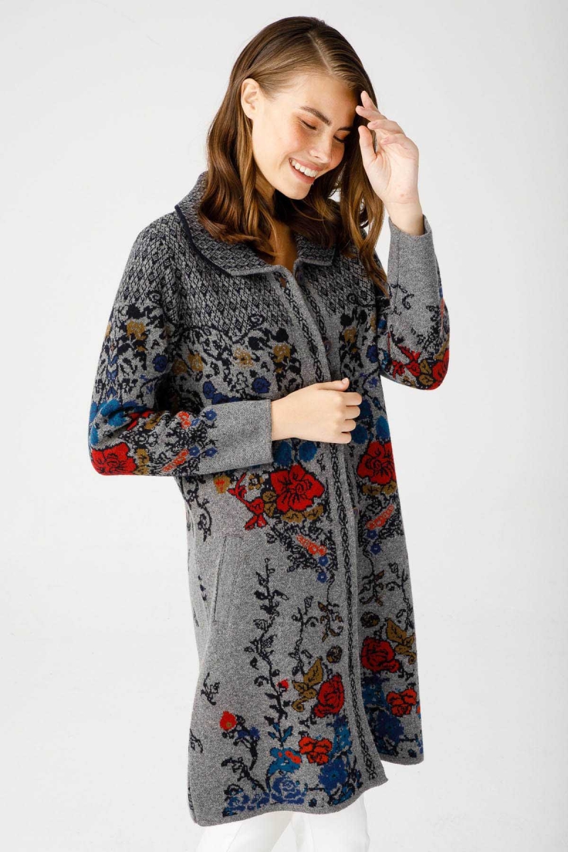 Desen Triko Kadın Polo Yaka Desenli Kaban 0241202 Füme Füme