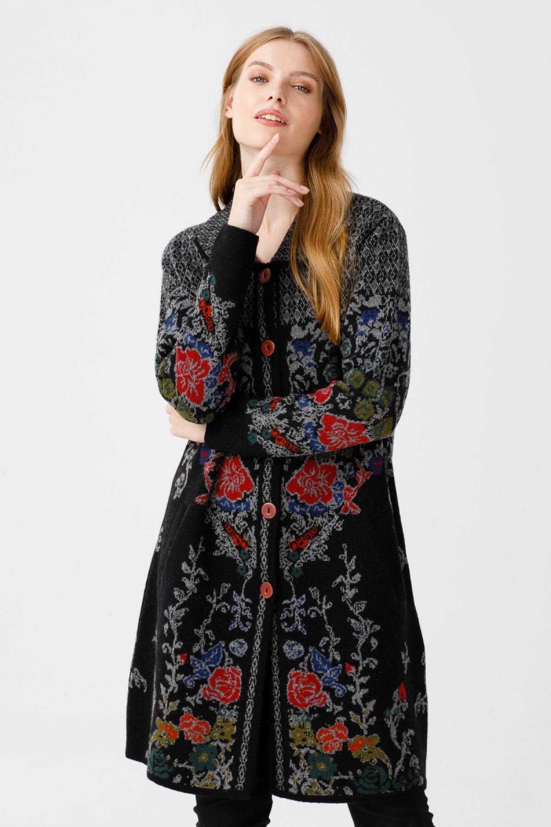 Desen Triko Kadın Polo Yaka Desenli Kaban 0241202 Siyah Siyah