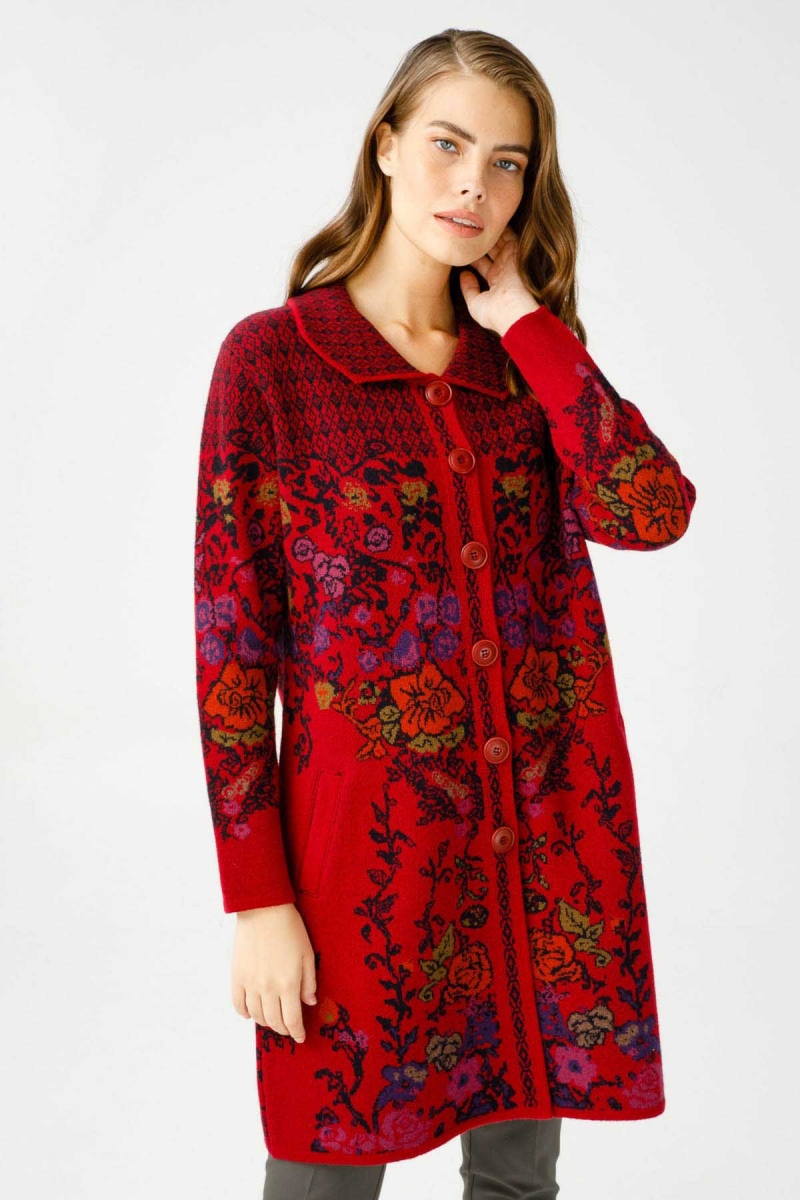 Desen Triko Kadın Polo Yaka Desenli Kaban 0241202 Vişne VİŞNE