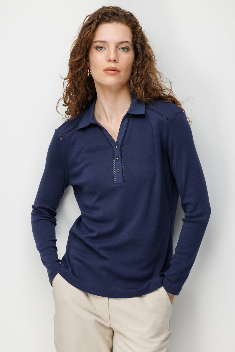 Desen Triko Kadın Polo Yaka İğne İşlemeli Pamuklu Penye Bluz 26806 Lacivert Lacivert