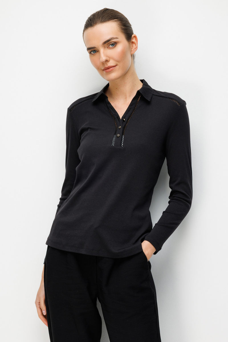 Desen Triko Kadın Polo Yaka İğne İşlemeli Pamuklu Penye Bluz 26806 Siyah Siyah