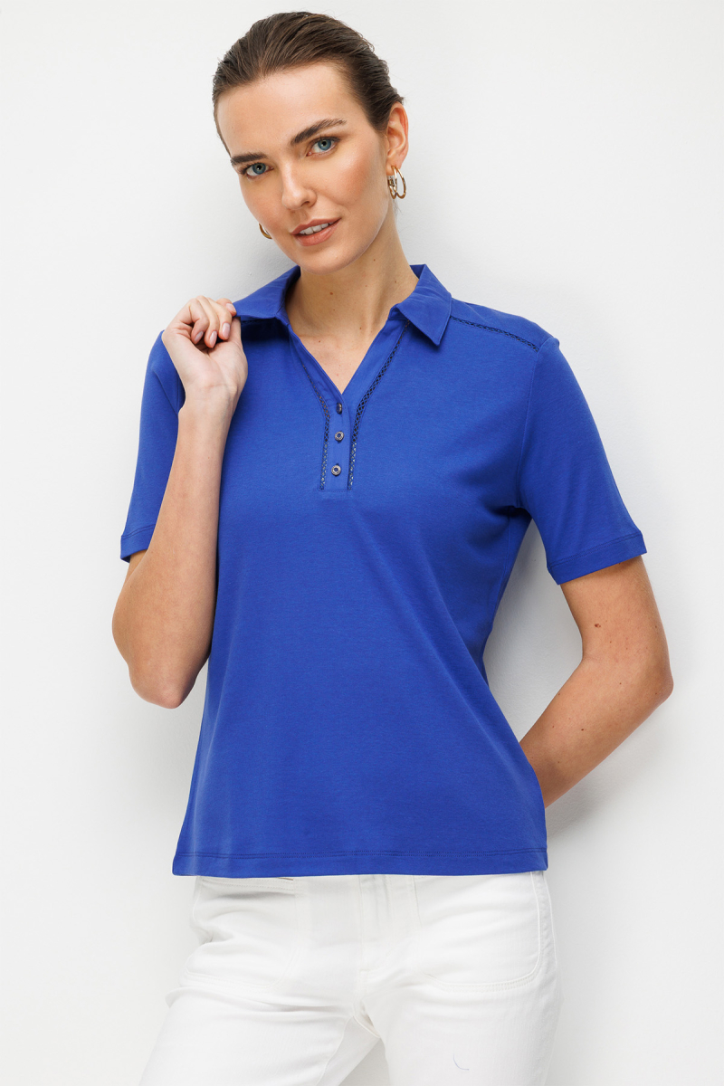 Desen Triko Kadın Polo Yaka İğne İşlemeli Pamuklu Penye T-Shirt 26802 Saks Saks