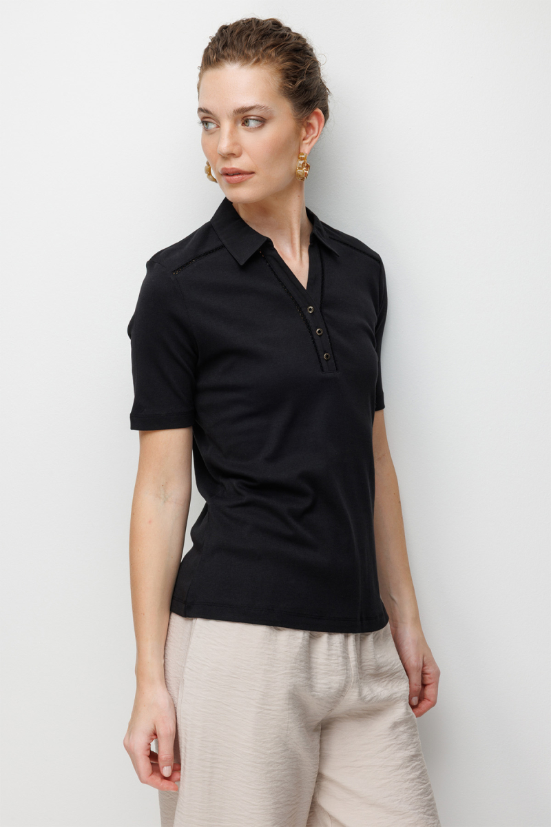 Desen Triko Kadın Polo Yaka İğne İşlemeli Pamuklu Penye T-Shirt 26802 Siyah Siyah