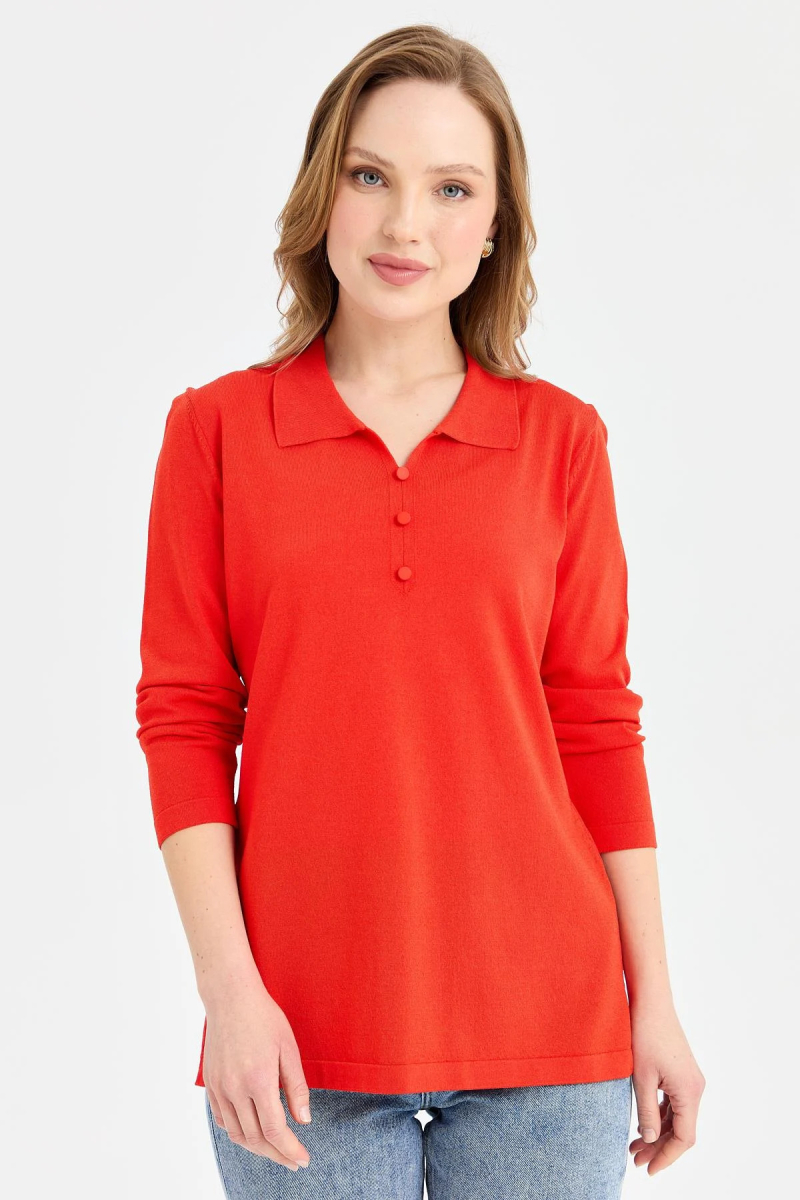 Desen Triko Kadın Polo Yaka İnce Triko Bluz 23355 Mercan Mercan
