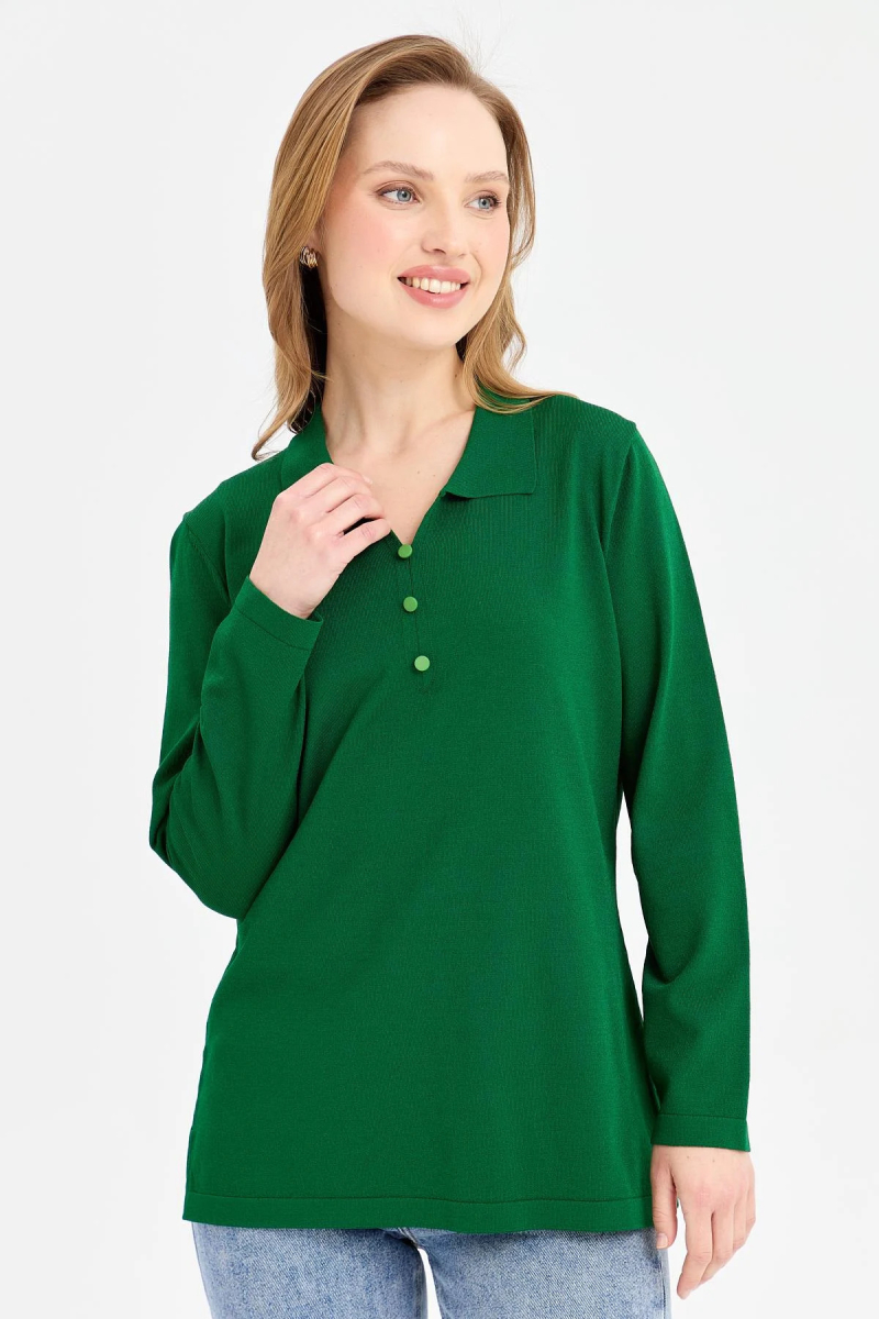 Desen Triko Kadın Polo Yaka İnce Triko Bluz 23355 Yeşil Yeşil