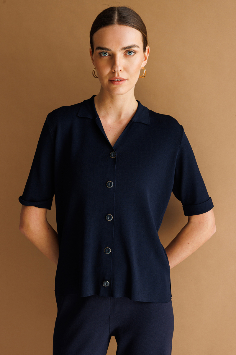 Desen Triko Kadın Polo Yaka Kısa Kollu İnce Triko Ceket 26363 Koyu Lacivert Koyu Lacivert