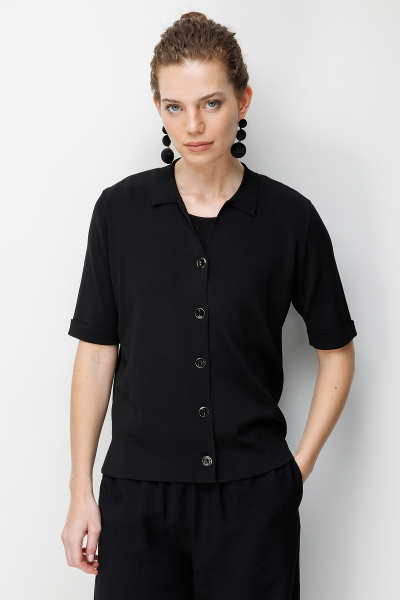 Desen Triko Kadın Polo Yaka Kısa Kollu İnce Triko Ceket 26363 Siyah Siyah