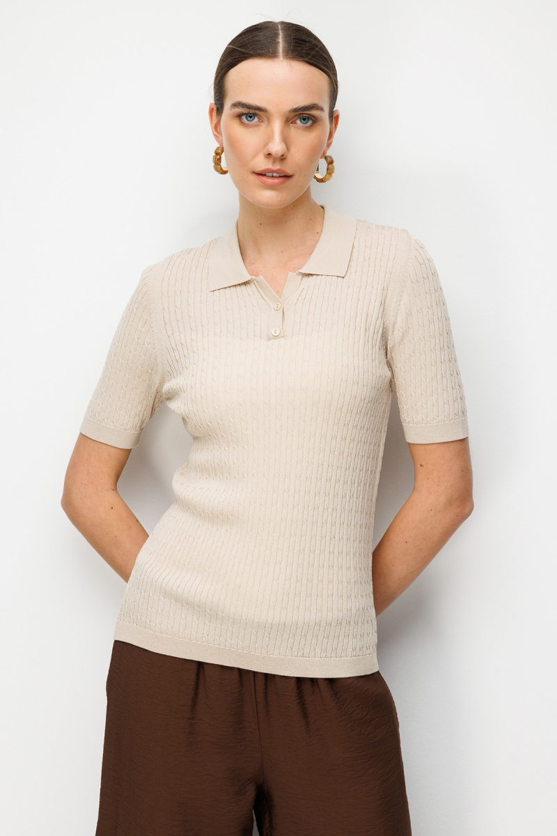 Desen Triko Kadın Polo Yaka Saç Örgülü İnce Triko Bluz 26373 K. Bej K. Bej