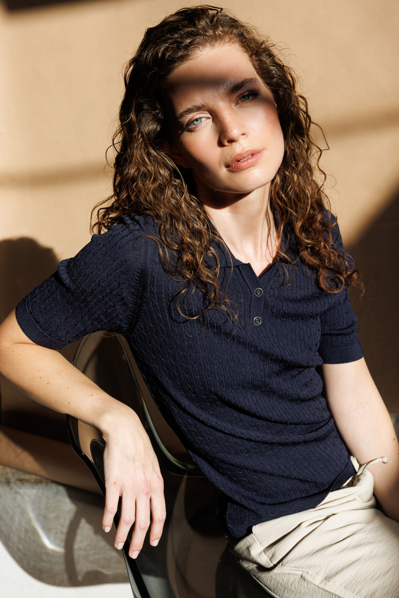 Desen Triko Kadın Polo Yaka Saç Örgülü İnce Triko Bluz 26373 Koyu Lacivert Koyu Lacivert