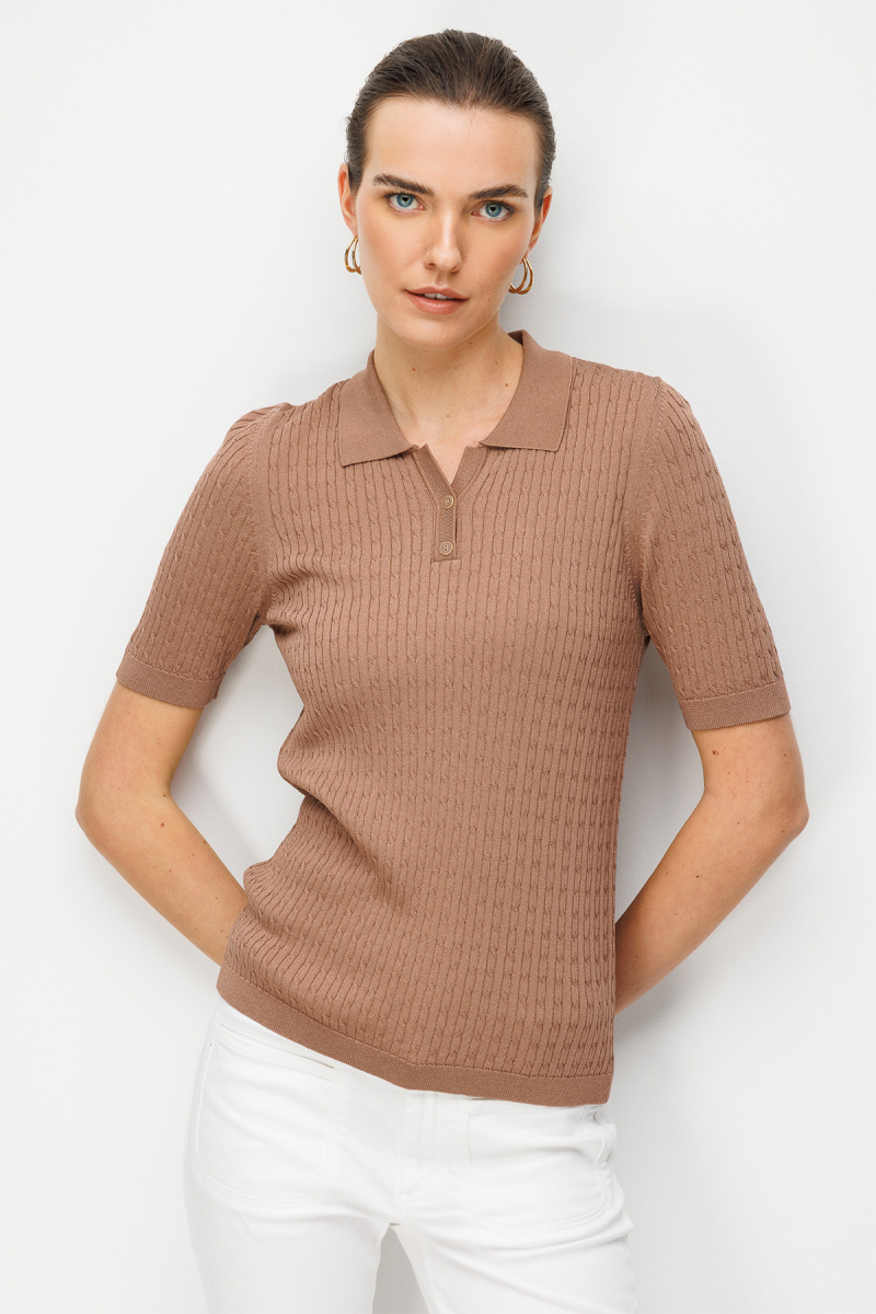 Desen Triko Kadın Polo Yaka Saç Örgülü İnce Triko Bluz 26373 Mocha MOCHA