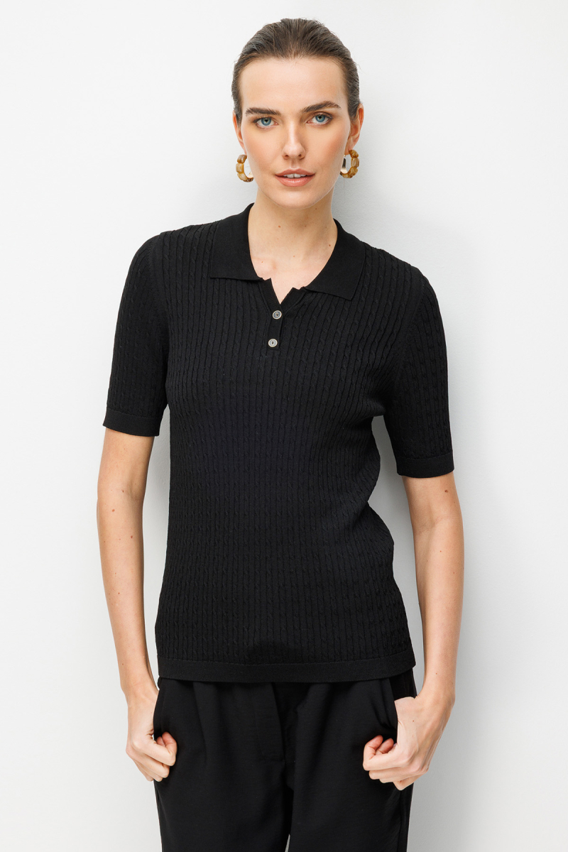 Desen Triko Kadın Polo Yaka Saç Örgülü İnce Triko Bluz 26373 Siyah Siyah