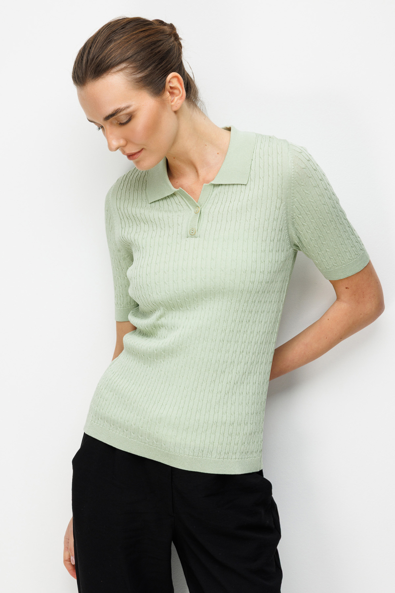 Desen Triko Kadın Polo Yaka Saç Örgülü İnce Triko Bluz 26373 Su Yeşili SU YEŞİLİ