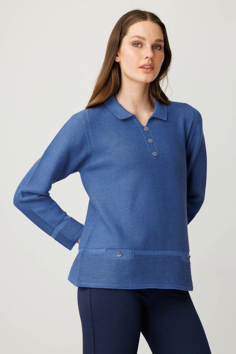 Desen Triko Kadın Polo Yaka Sahte Cepli Bluz 25243 Indigo Indigo