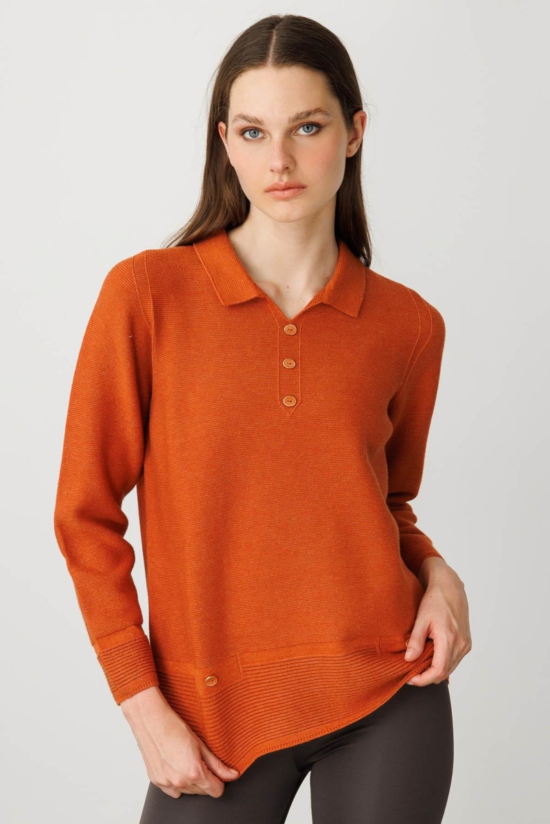 Desen Triko Kadın Polo Yaka Sahte Cepli Bluz 25243 Turuncu Turuncu