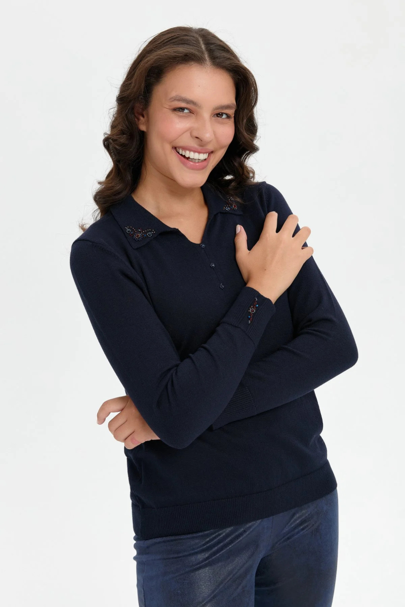 Desen Triko Kadın Polo Yaka Yakası İşlemeli Bluz 24092 Koyu Lacivert Koyu Lacivert