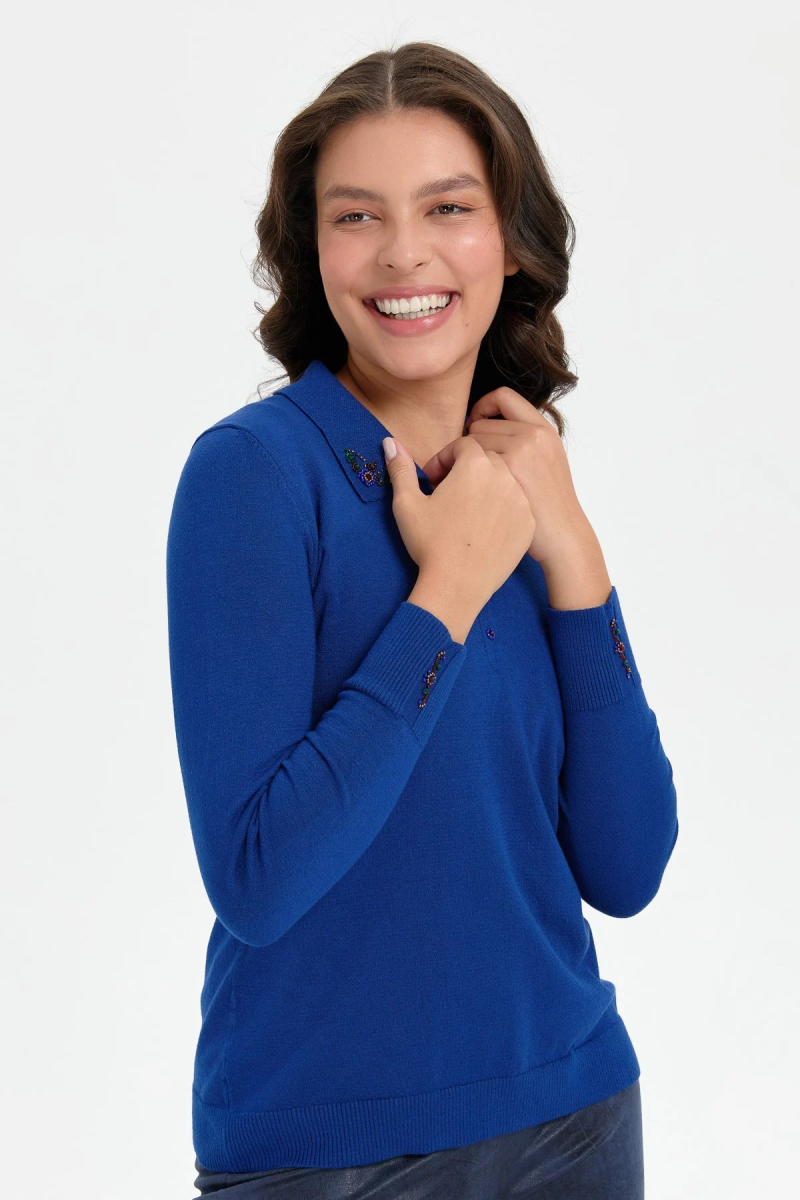 Desen Triko Kadın Polo Yaka Yakası İşlemeli Bluz 24092 K.S. Mavi K.S. MAVİ