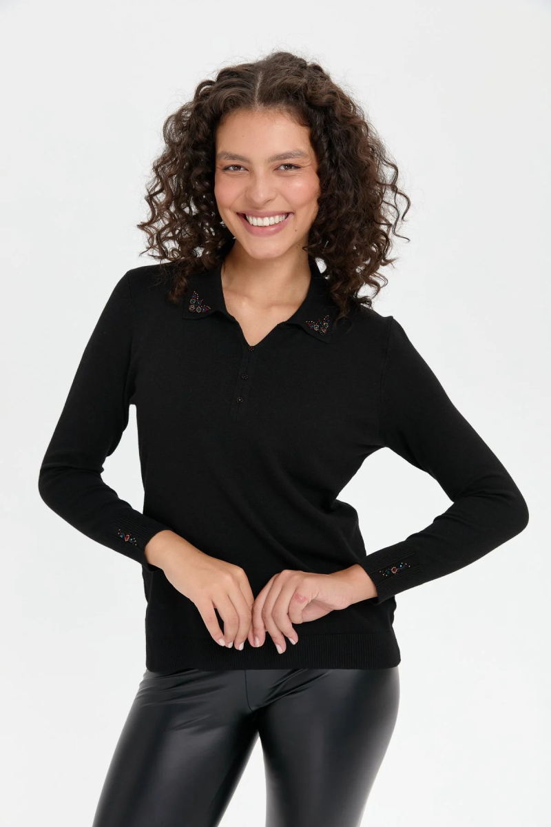 Desen Triko Kadın Polo Yaka Yakası İşlemeli Bluz 24092 Siyah Siyah