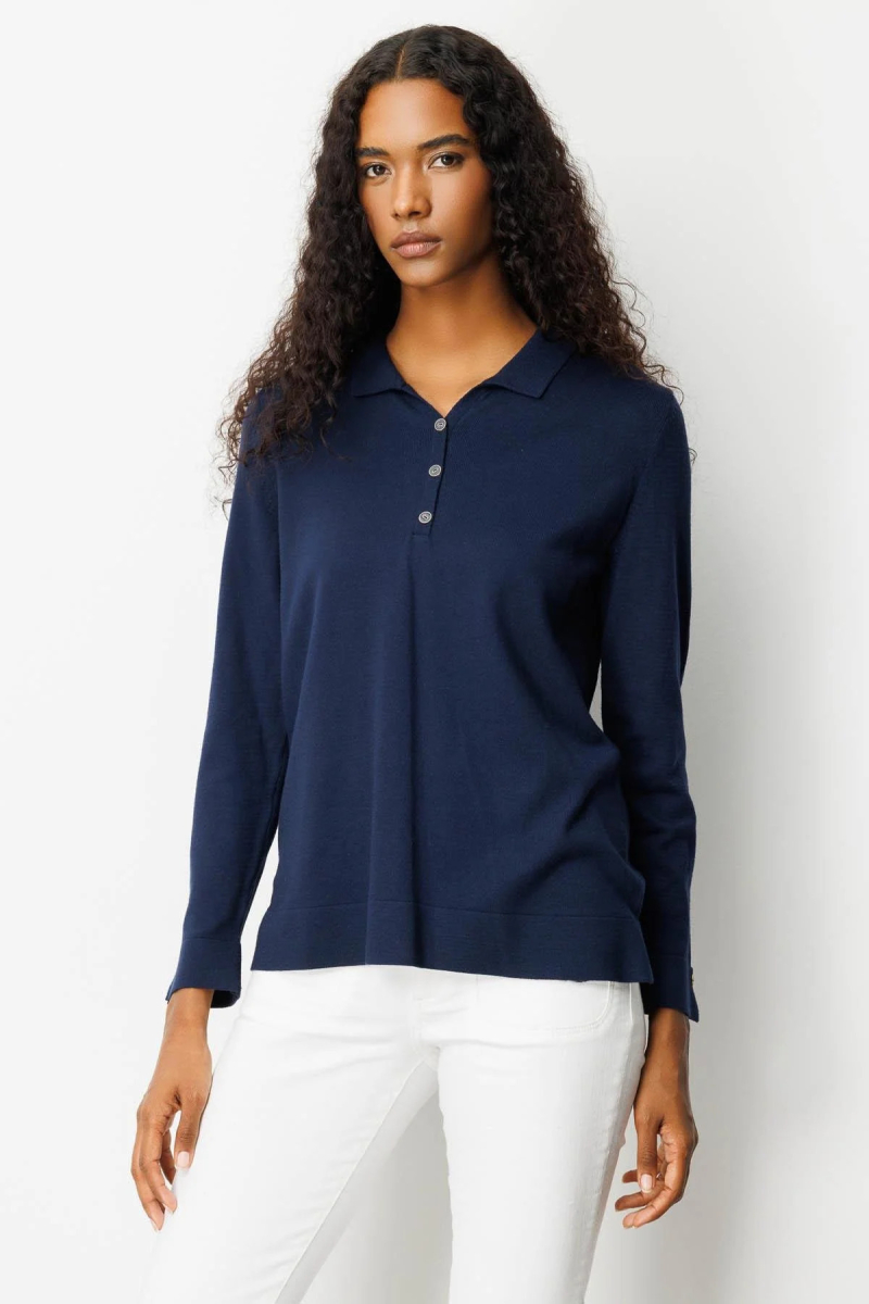 Desen Triko Kadın Polo Yaka Yakası ve Kolu Düğmeli Bluz 25391 Lacivert Lacivert