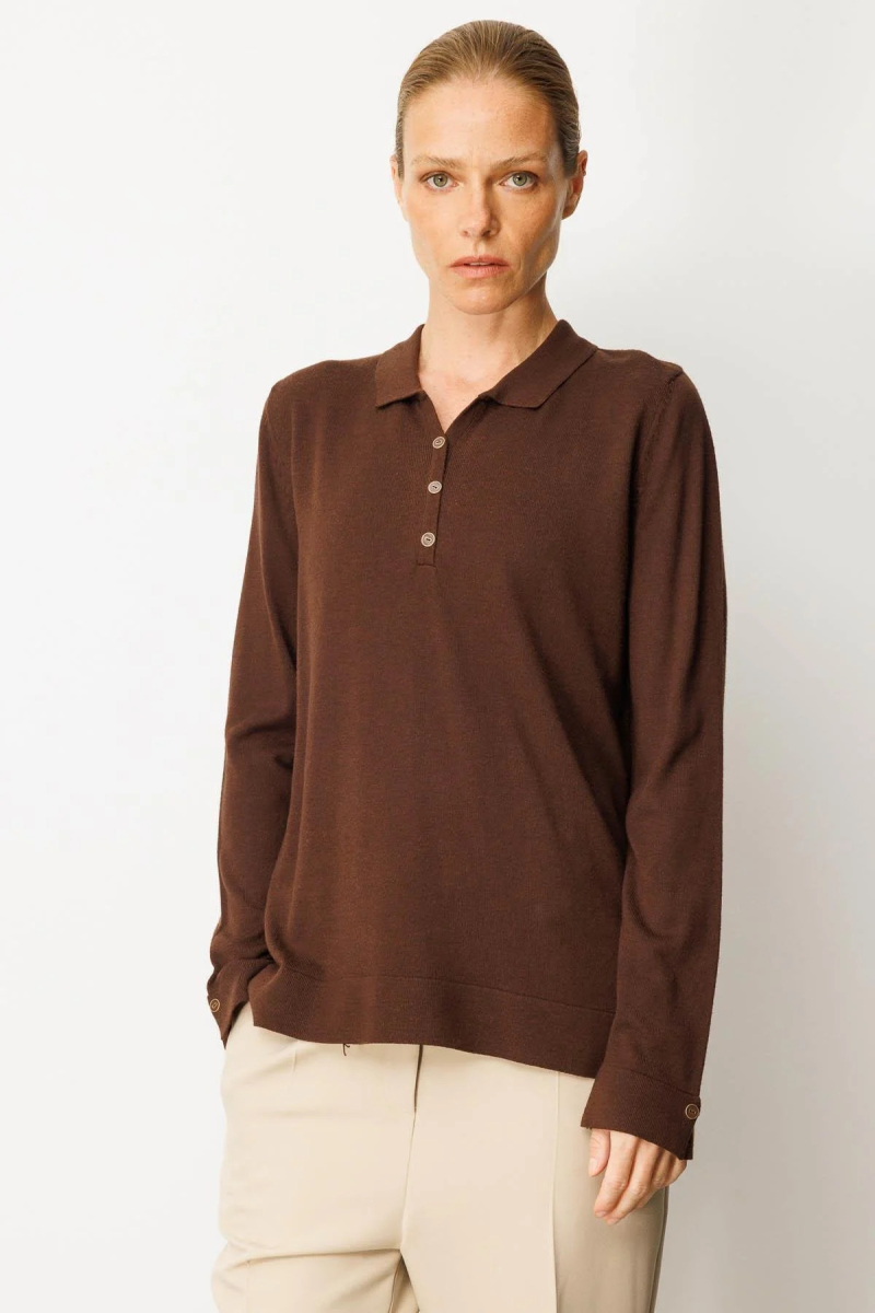 Desen Triko Kadın Polo Yaka Yakası ve Kolu Düğmeli Bluz 25391 M.Kahve M.KAHVE