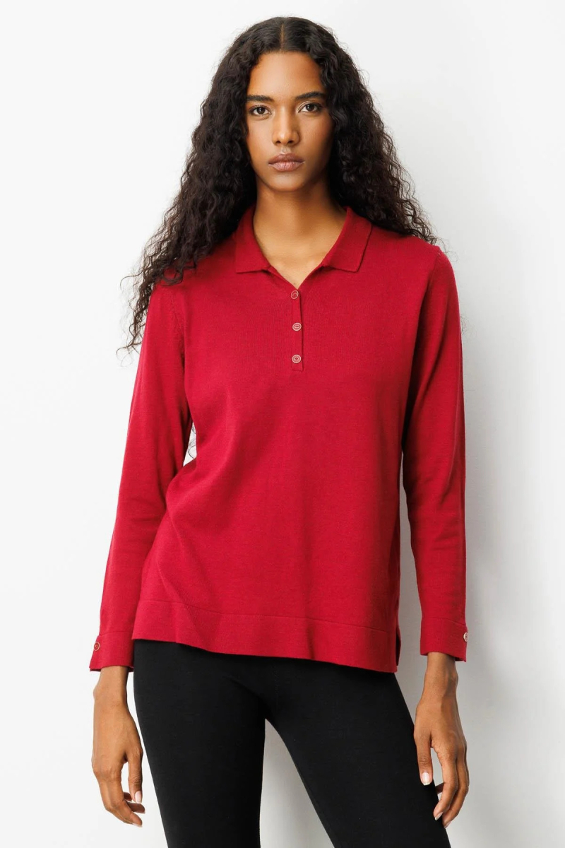 Desen Triko Kadın Polo Yaka Yakası ve Kolu Düğmeli Bluz 25391 Vişne Vişne