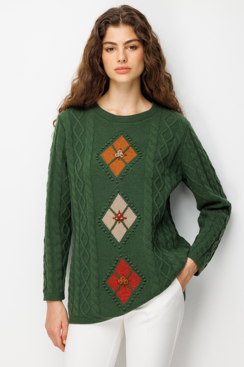 Desen Triko Kadın Sıfır Yaka Baklavası İşlemeli Saç Örgülü Yün Kazak K.Yosun K.YOSUN