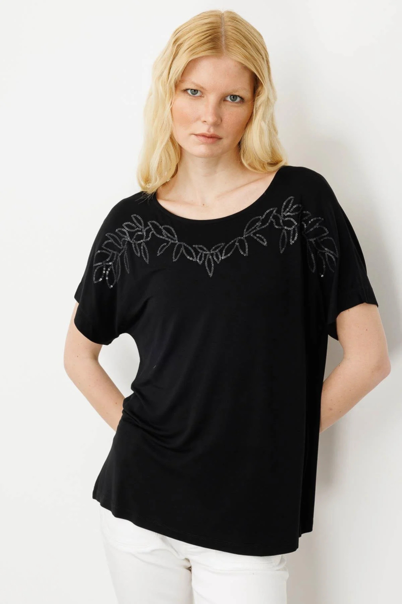 Desen Triko Kadın Sıfır Yaka Boncuk İşlemeli Penye T-Shirt 25859 Siyah Siyah