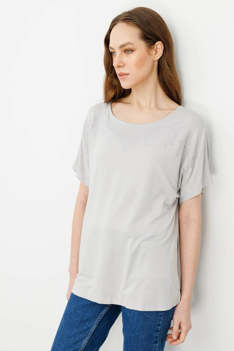 Desen Triko Kadın Sıfır Yaka Boncuk İşlemeli Penye T-Shirt 25859 Taş Taş
