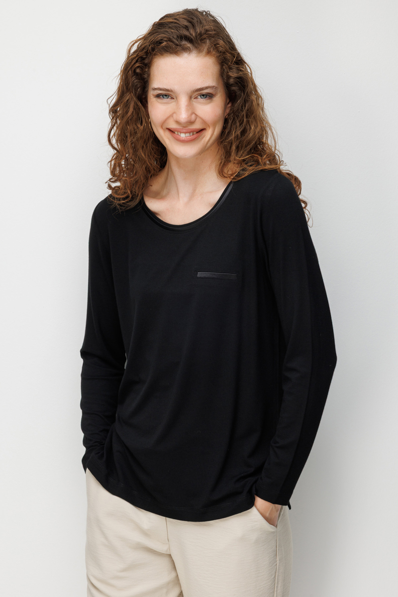 Desen Triko Kadın Sıfır Yaka Cebi Saten Şeritli Penye Bluz 26832 Siyah Siyah