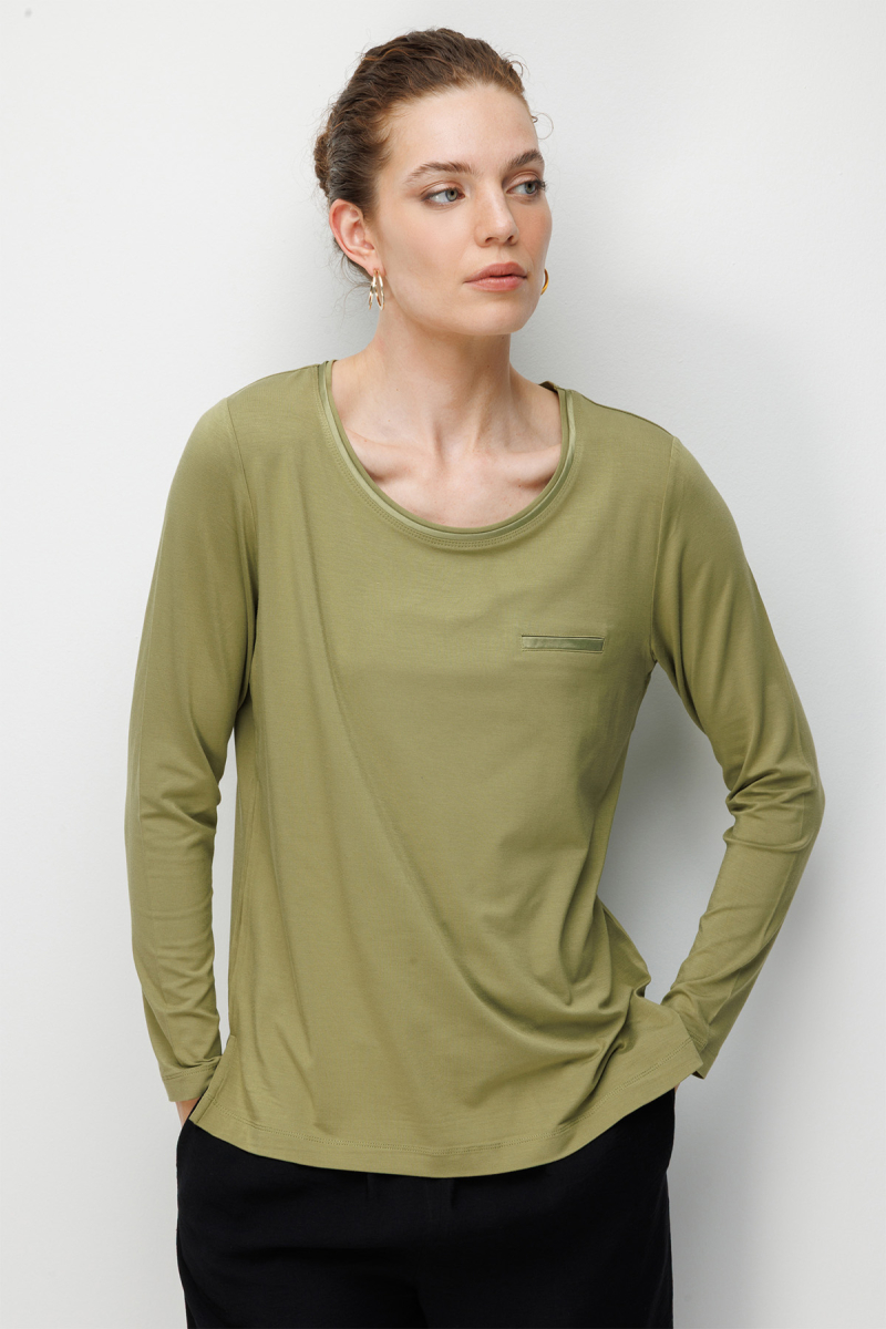 Desen Triko Kadın Sıfır Yaka Cebi Saten Şeritli Penye Bluz 26832 Yeşil Yeşil