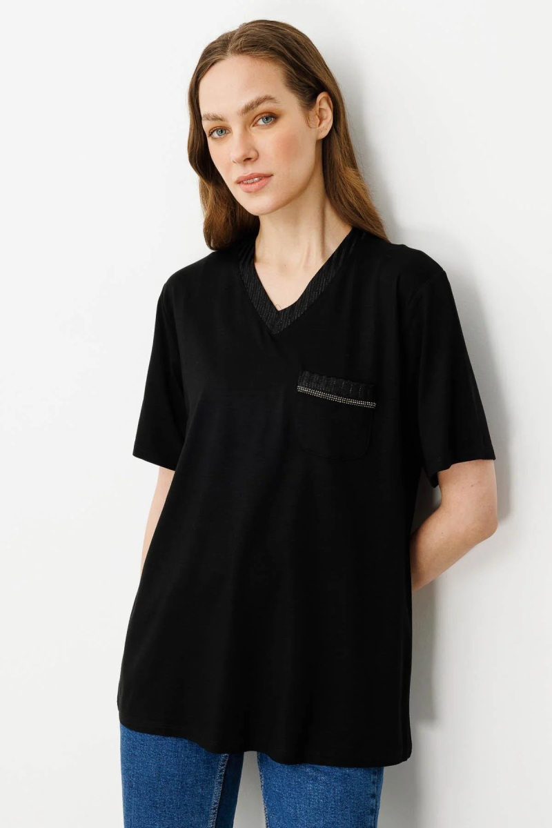 Desen Triko Kadın Sıfır Yaka Cebi ve Yakası Simli Penye T-Shirt 25761 Siyah Siyah