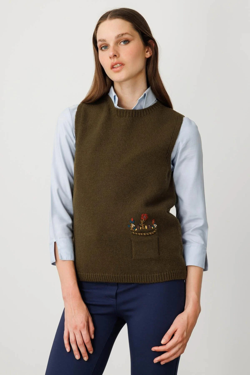 Desen Triko Kadın Sıfır Yaka Cep Üstü Çiçek Nakışlı Yün Süveter 25180 A. Yeşil A. YEŞİL