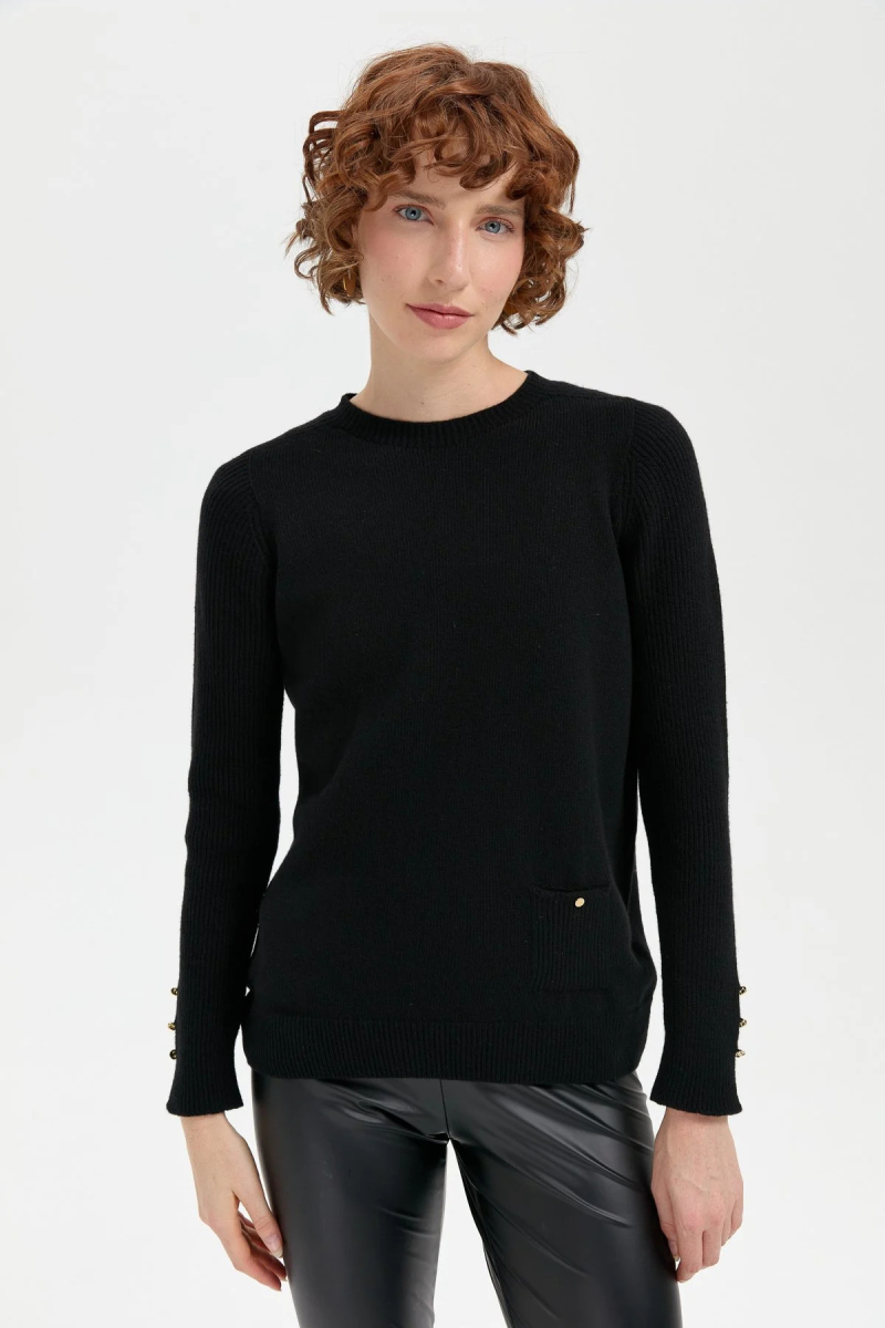 Desen Triko Kadın Sıfır Yaka Dikişsiz Cepli Yün Kazak 24205 Siyah Siyah